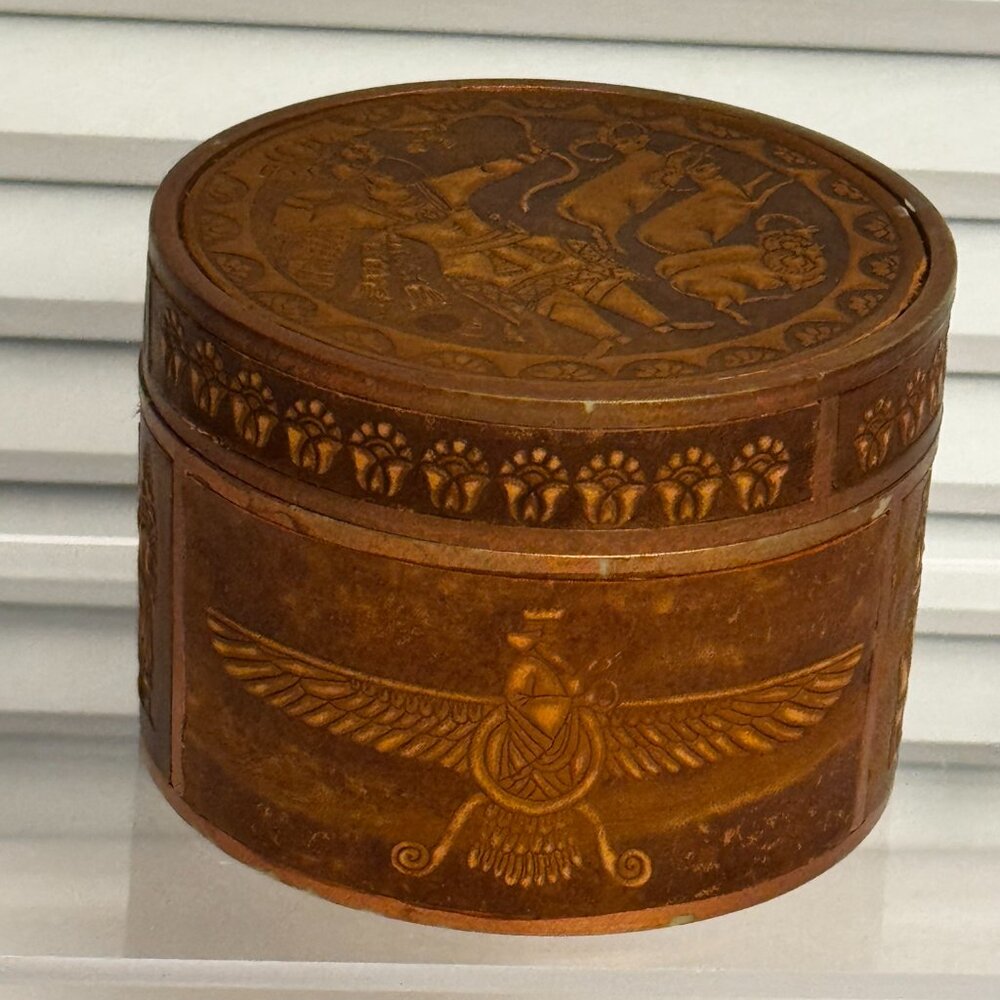 Charm Negar Leather Hand Tooled Persian Design Faravahar Circular Trinket Box - Picture 3 of 16
